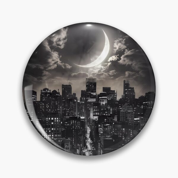 Item preview, Dark Night City Lights Skyscraper Moon Illustration BW designed and sold by WatermelonPink.