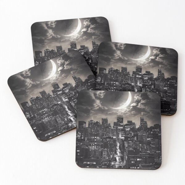 Item preview, Dark Night City Lights Skyscraper Moon Illustration BW designed and sold by WatermelonPink.