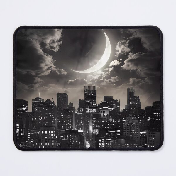 Item preview, Dark Night City Lights Skyscraper Moon Illustration BW designed and sold by WatermelonPink.
