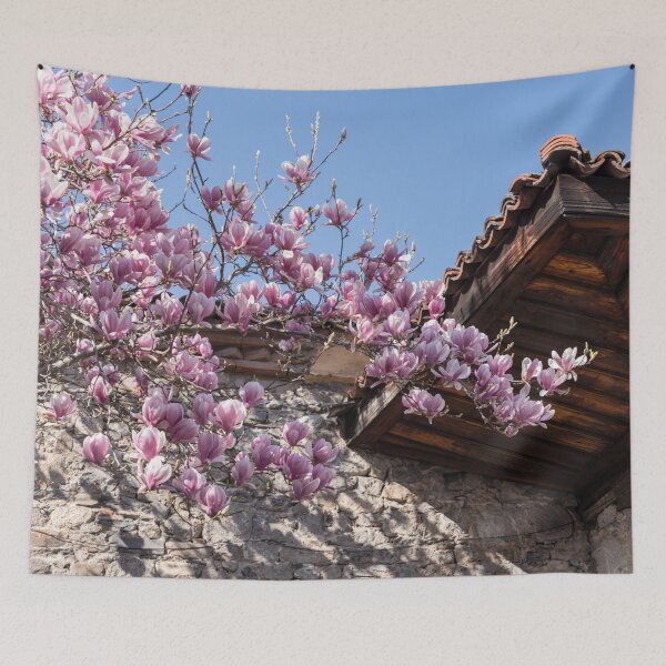 Item preview, Blooming Pink Magnolia and Traditional Stone Building designed and sold by Georgia Mizuleva.