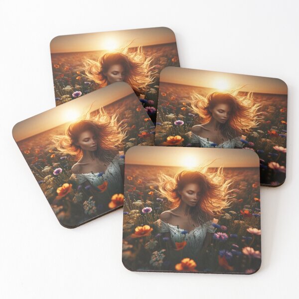 Item preview, Woman in a field of wildflowers at sunset, her hair blowing in the wind, encapsulating a wild and free beauty designed and sold by AndreaMart.
