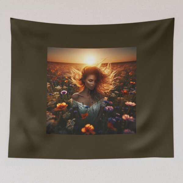 Item preview, Woman in a field of wildflowers at sunset, her hair blowing in the wind, encapsulating a wild and free beauty designed and sold by AndreaMart.