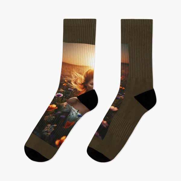 Item preview, Woman in a field of wildflowers at sunset, her hair blowing in the wind, encapsulating a wild and free beauty designed and sold by AndreaMart.