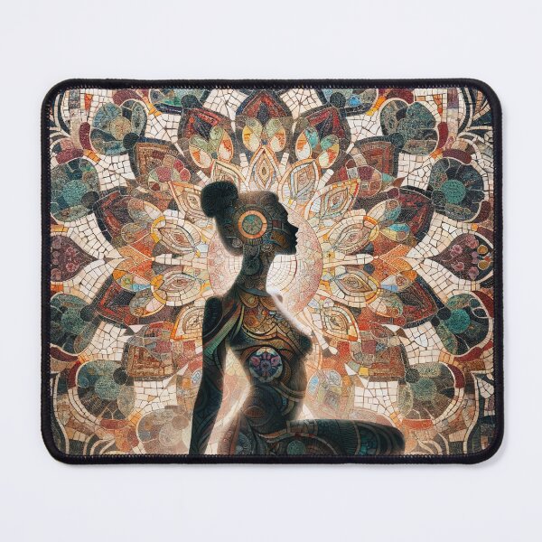 Item preview, Woman's silhouette against an intricate mosaic, the patterns echoing in her body art, creating a harmonious blend designed and sold by AndreaMart.