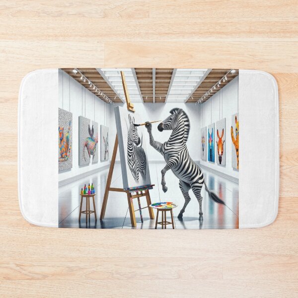 Item preview, Zebra, standing on its hind legs with a focused expression in its eyes, paints wide black stripes on a large white canvas in a spacious designed and sold by AndreaMart.