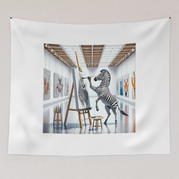 Item preview, Zebra, standing on its hind legs with a focused expression in its eyes, paints wide black stripes on a large white canvas in a spacious designed and sold by AndreaMart.