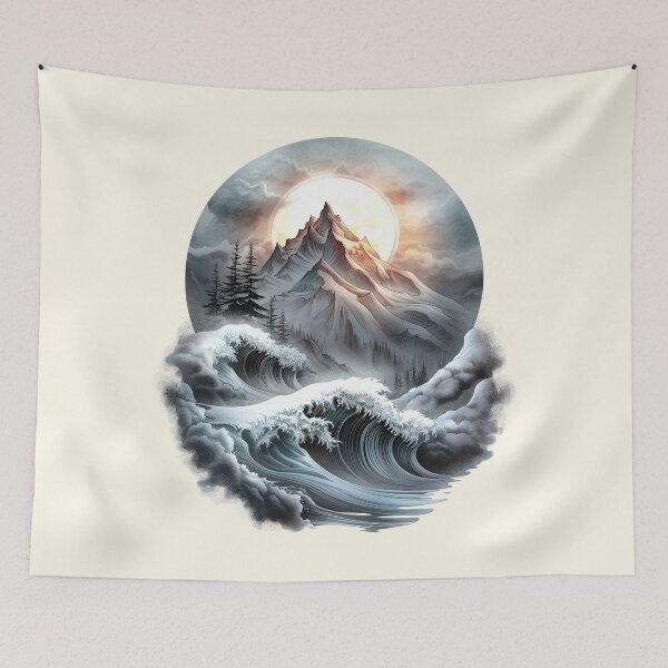 Item preview, Moonlit Mountain Majesty with Cascading Waves Art Print designed and sold by RuyaFab.