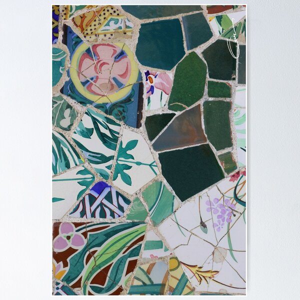 Teal and white floral, fragment mosaic pattern. Poster