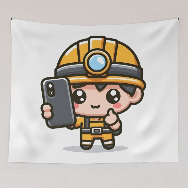 Item preview, Kawaii Miner With A Smartphone And A Safety Helmet designed and sold by CanvasCutie.