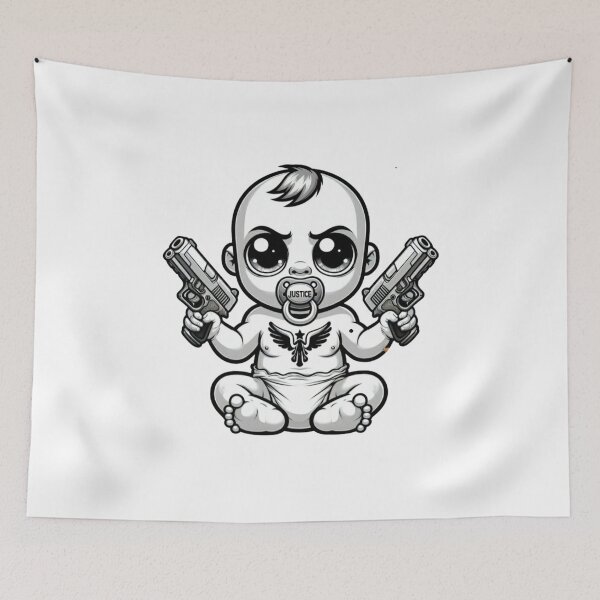 Item preview, Fun cartoon - Cute baby with two guns ask for justice designed and sold by NovaMode.