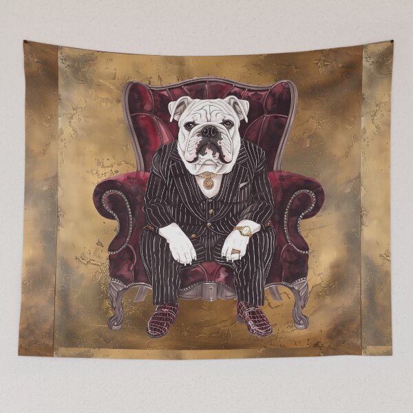 Item preview, Distinguished Bulldog in Suit: Opulent Gold-Themed Artwork - Perfect for Animal Lovers and Luxury Decor Enthusiasts designed and sold by David Balzen.