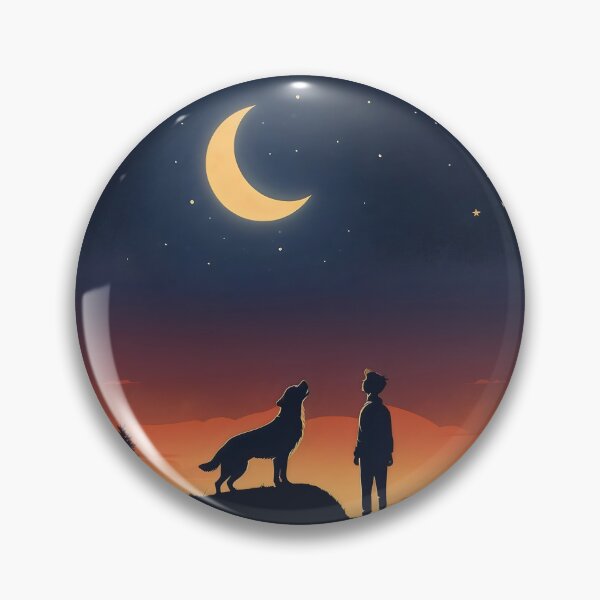 Item preview, a boy and his dog howling at the moon, sunset sky designed and sold by MeringueMango.