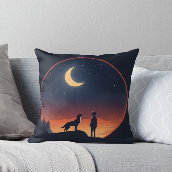 Item preview, a boy and his dog howling at the moon, sunset sky designed and sold by MeringueMango.