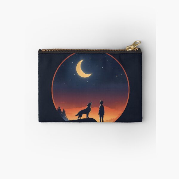 Item preview, a boy and his dog howling at the moon, sunset sky designed and sold by MeringueMango.