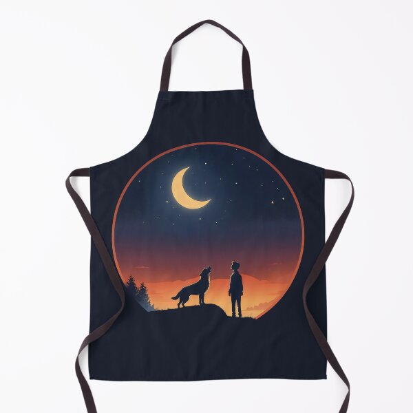 Item preview, a boy and his dog howling at the moon, sunset sky designed and sold by MeringueMango.