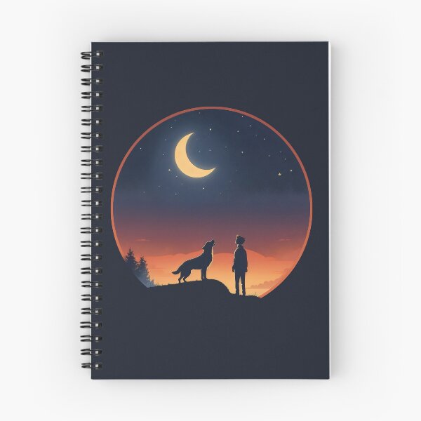 Item preview, a boy and his dog howling at the moon, sunset sky designed and sold by MeringueMango.