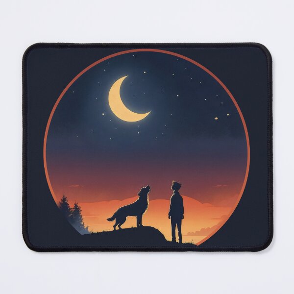 Item preview, a boy and his dog howling at the moon, sunset sky designed and sold by MeringueMango.