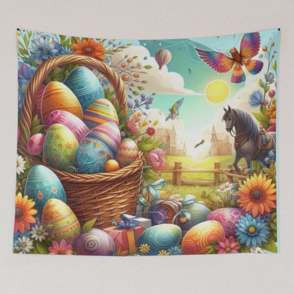 Item preview, Happy Easter basket with colorful Easter eggs, treats and flowers in the countryside designed and sold by JaroDesign2023.