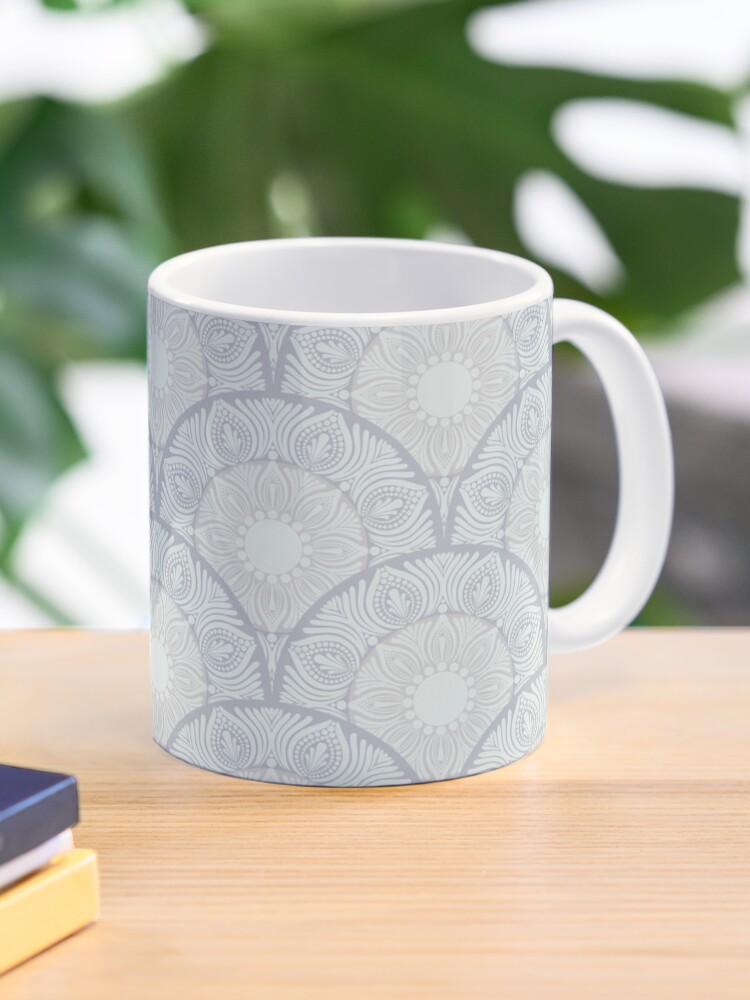 Coffee Mug, Art Deco Silver Smoke Tonal Tiers Dot Mandala Scallop designed and sold by Triplicate Limited
