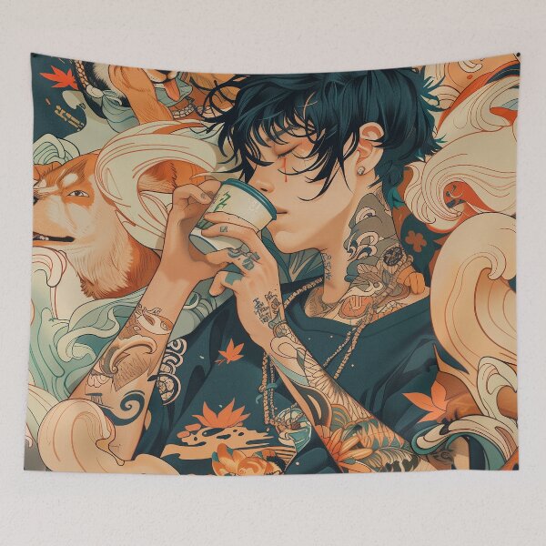 Item preview, Tattooed Boy and Whimsical Dogs: Coffee Pop Art Print designed and sold by 33wolvesdesigns.