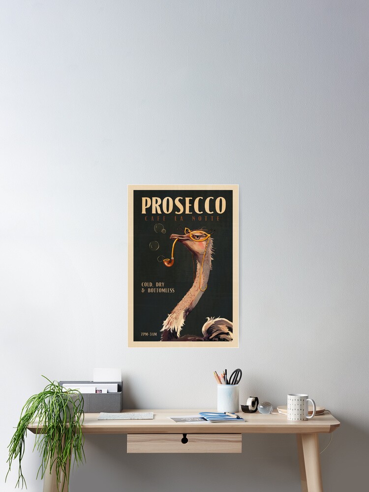 Thumbnail 2 of 3, Poster, Vintage Art Deco Prosecco Poster. Cool Wine Drinker Print With An Ostrich Smoking A Pipe. Retro Alcohol Kitchen & Bar Wall Art designed and sold by gramse212.