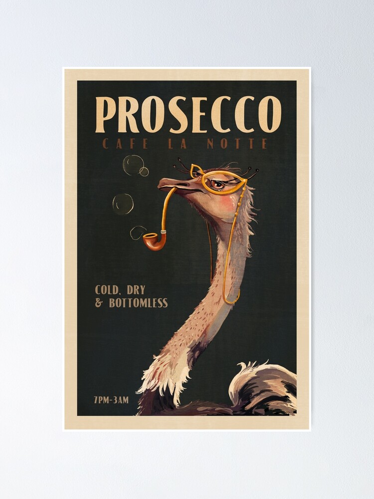 Thumbnail 1 of 3, Poster, Vintage Art Deco Prosecco Poster. Cool Wine Drinker Print With An Ostrich Smoking A Pipe. Retro Alcohol Kitchen & Bar Wall Art designed and sold by gramse212.