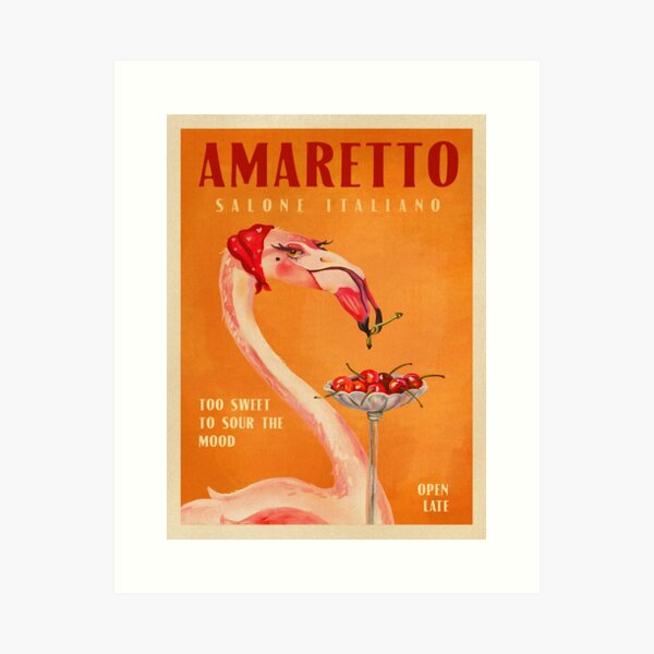 Item preview, Vintage Art Deco Amaretto Poster. Cool Liqueur Print Of A Flamingo Eating A Cherry And Tying Stem Knot. Retro Alcohol Kitchen & Bar Wall Art designed and sold by The Whiskey Ginger Design Shop.