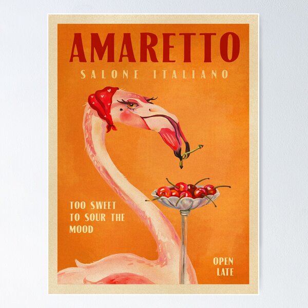 Item preview, Vintage Art Deco Amaretto Poster. Cool Liqueur Print Of A Flamingo Eating A Cherry And Tying Stem Knot. Retro Alcohol Kitchen & Bar Wall Art designed and sold by The Whiskey Ginger Design Shop.