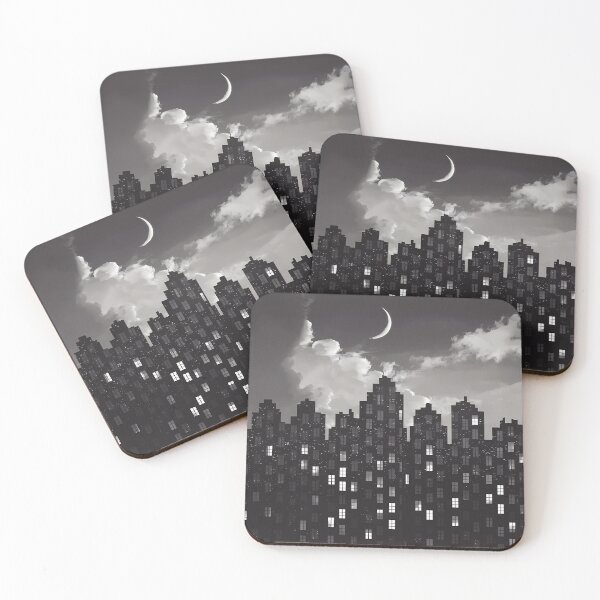 Item preview,  Romantic Dark City Night Lights Skyscraper Moon Illustration BW designed and sold by WatermelonPink.