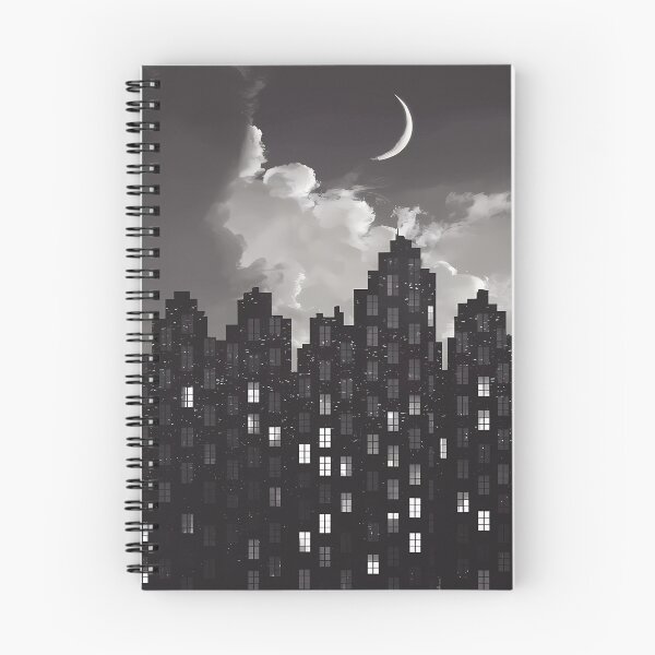 Artikelvorschau,  Romantische dunkle Stadt Nachtlichter Wolkenkratzer Mond Illustration BW entworfen und verkauft von WatermelonPink.