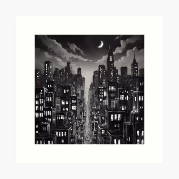 Aperçu de l'œuvre Skyline Citylights Dark Romance City Night Lights Gratte-ciel Lune Illustration BW créée et vendue par WatermelonPink.