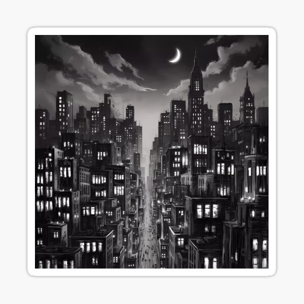 Aperçu de l'œuvre Skyline Citylights Dark Romance City Night Lights Gratte-ciel Lune Illustration BW créée et vendue par WatermelonPink.