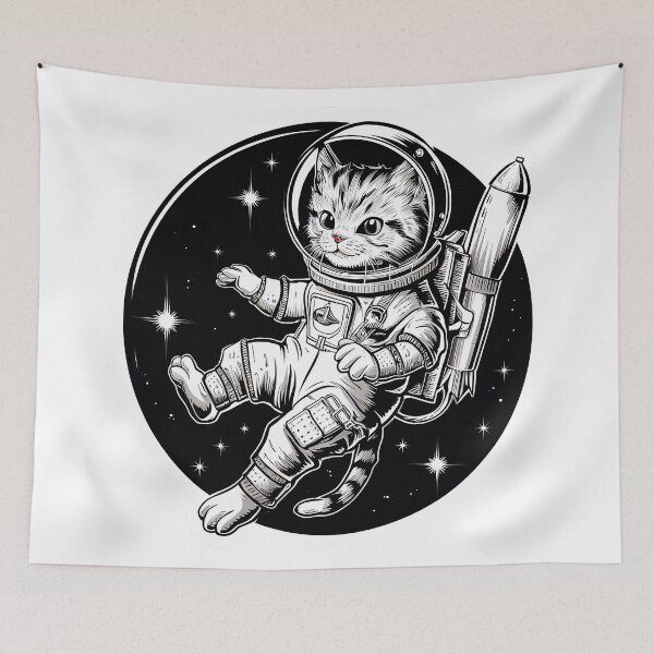 Item preview, Space Cat Black and White Illustration Cats-tronaut designed and sold by WatermelonPink.