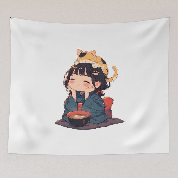 Aperçu de l'œuvre Jolie fille kawaii avec un chat sur la tête créée et vendue par StickySparkle.