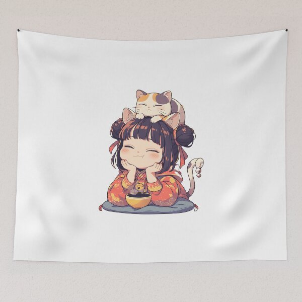 Aperçu de l'œuvre Jolie fille kawaii avec un chat sur la tête créée et vendue par StickySparkle.