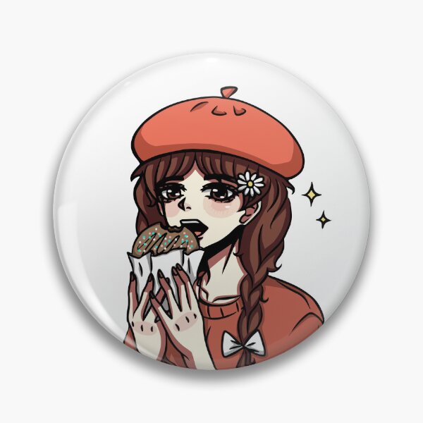 Item preview, Anime style girl holding a cookie in her hands. On her head is a red beret, chamomile and a white bow on her pigtail. designed and sold by animeshki.