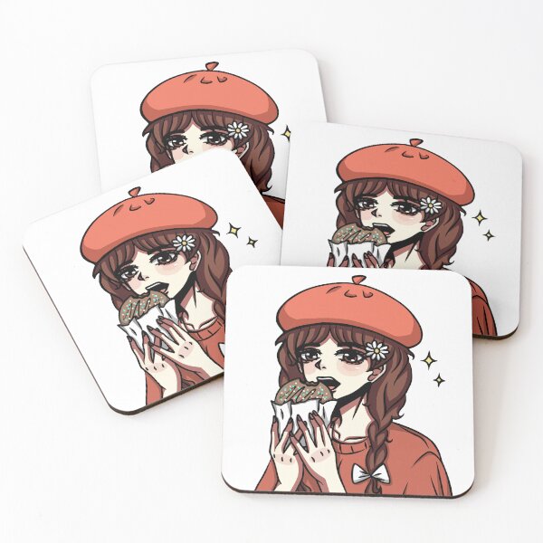 Item preview, Anime style girl holding a cookie in her hands. On her head is a red beret, chamomile and a white bow on her pigtail. designed and sold by animeshki.