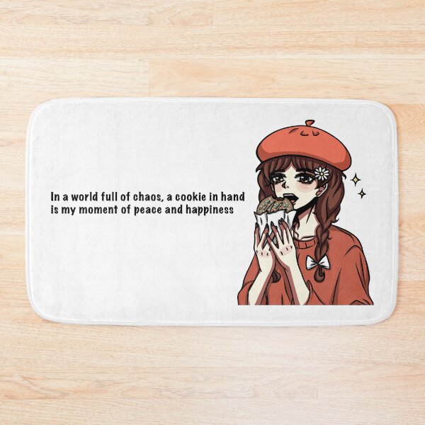 Item preview, Anime style girl holding a cookie in her hands. On her head is a red beret, chamomile and a white bow on her pigtail. designed and sold by animeshki.