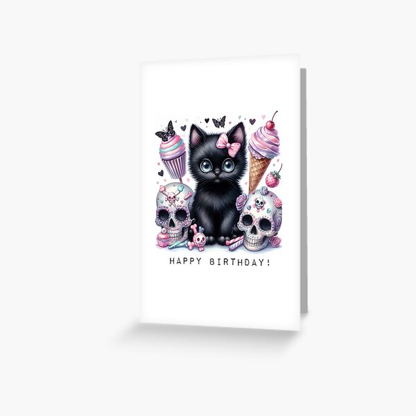 Artikel-Vorschau von Pastell Goth Kätzchen und Totenköpfe Geburtstag, Gothic gruselig süß, designt und verkauft von sharon hulme.