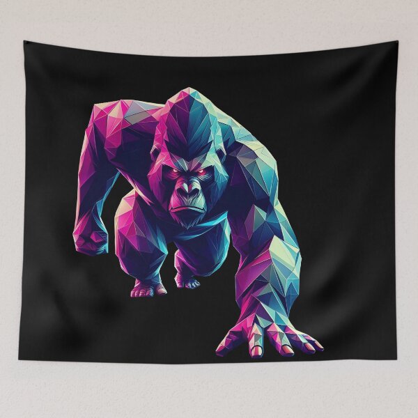 Item preview, gorilla running multicolored geometric origami 3d neon, 3D polygonal illustration designed and sold by CutOriginalArt.