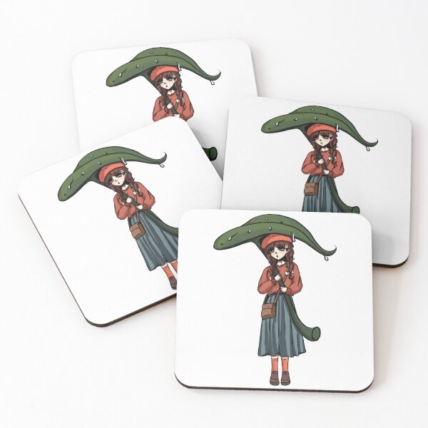 Item preview, An anime girl caught in the rain and covered by a large leaf. She wears a red scarf, a blue skirt and a red beret.  designed and sold by animeshki.