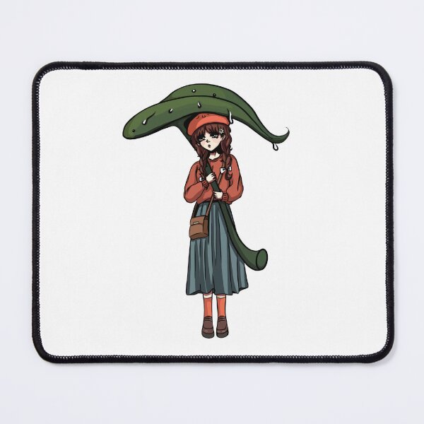 Item preview, An anime girl caught in the rain and covered by a large leaf. She wears a red scarf, a blue skirt and a red beret. designed and sold by animeshki.