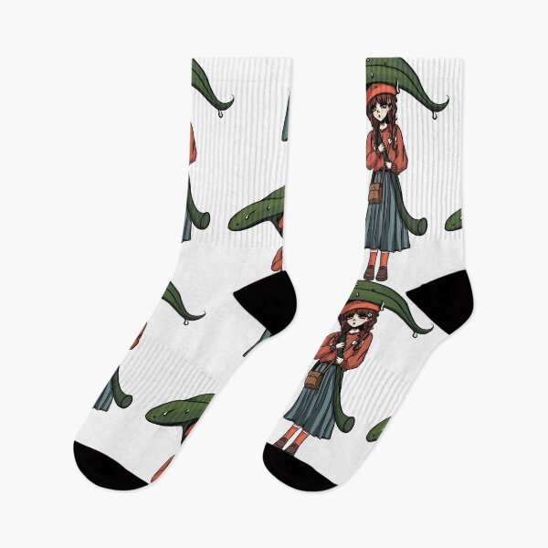 Item preview, An anime girl caught in the rain and covered by a large leaf. She wears a red scarf, a blue skirt and a red beret.  designed and sold by animeshki.