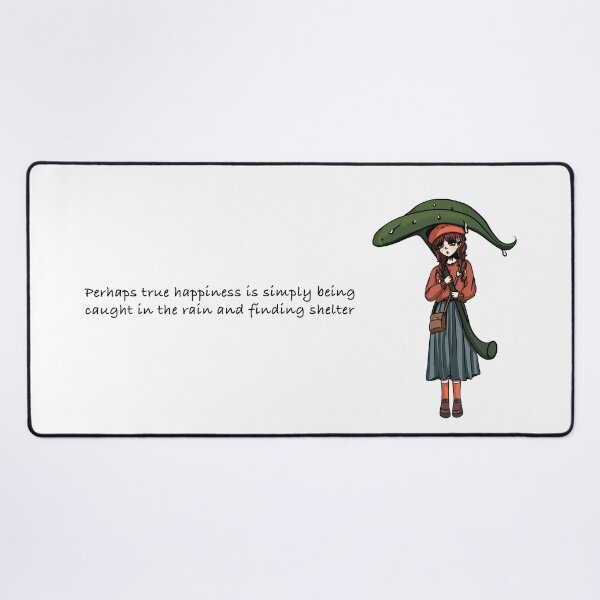 Item preview, An anime girl caught in the rain and covered by a large leaf. She wears a red scarf, a blue skirt and a red beret.  designed and sold by animeshki.