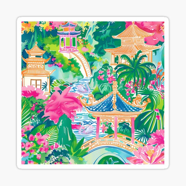Item preview, Swans in preppy chinoiserie garden designed and sold by SophieClimaArt.