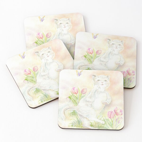 Item preview, Cute and darling white cat trotting among tulips  designed and sold by Cristina  Hansen.