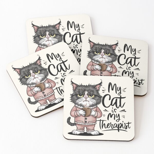 Item preview, My Cat Is My Therapist - humorous vector illustration of a grumpy cat in cozy pajamas, holding a steaming coffee mug designed and sold by AdesignTEE.