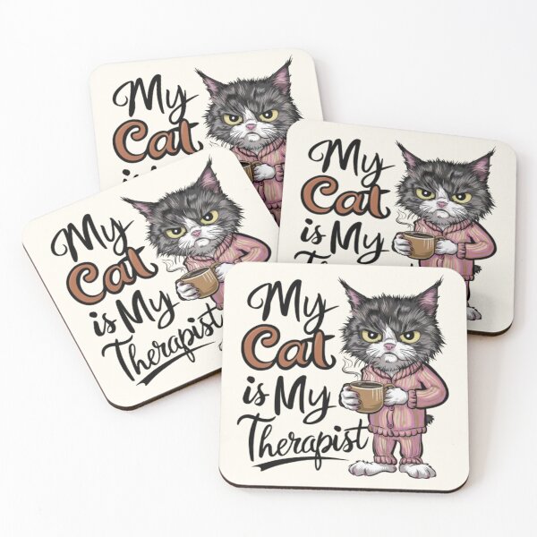 Item preview,  My Cat Is My Therapist - A delightful and humorous vector illustration of a grumpy cat wearing cozy pajamas, holding a steaming coffee mug designed and sold by AdesignTEE.