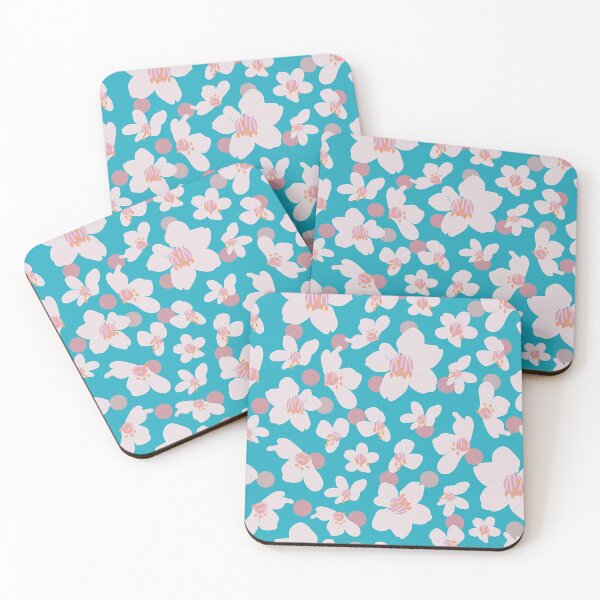 Item preview, Vector artwork hand drawn white and pink cherry blossoms on blue background with pink polka dots seamless pattern designed and sold by 137Lanternes.
