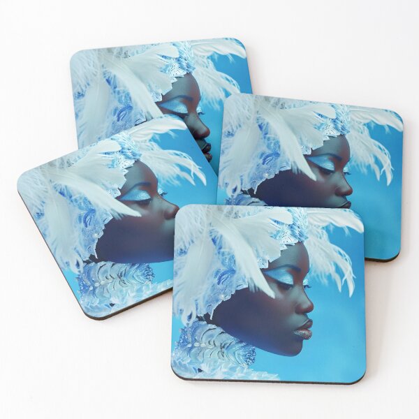 Item preview, black woman portrait with White feathers on blue designed and sold by Artessie.